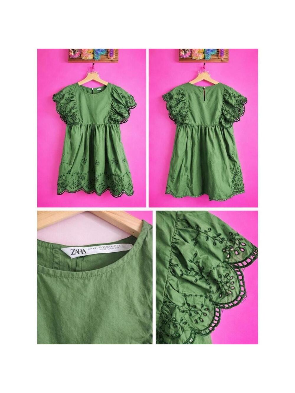 Zara Olive Green Eyelet Embroidered Flutter-Sleeve Dress